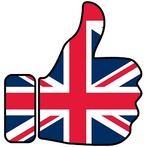 Ruka ukazující like, která je pomalována britskou vlajkou.