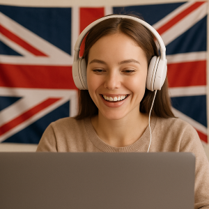 Dívka se sluchátky sedí před britskou vlajkou a učí se anglicky online s jazykovou školou TOPLINGVA.