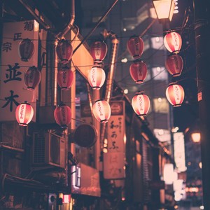 Večerní záběr na ulici v Japonsku, kde visí mnoho červených japonských lampionů s nápisy.