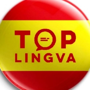 Grafický motiv kombinující španělskou vlajku s logem jazykové školy TOPLINGVY.