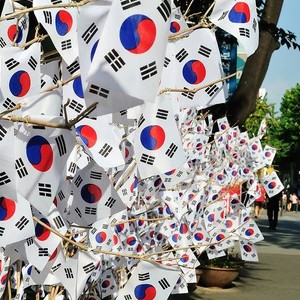 Mnoho malých korejských vlajek (Taegeukgi) visí na stromech a provazech v parku.