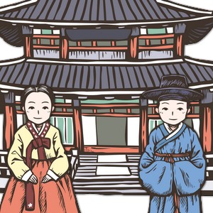 Kreslená ilustrace muže a ženy v tradičních korejských oděvech (Hanbok), stojících před korejským historickým palácem.