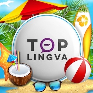 Logo TOPLINGVA, obklopený letními motivy: deštník, surfovací prkno, kokosový ořech s brčkem a plážový míč na písku.