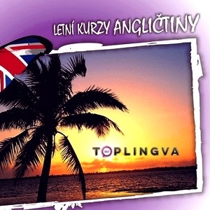 Plakát s palmou v popředí při západu slunce nad mořem a s nápisem 