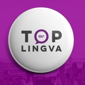 Logo TOPLINGVA na fialovém pozadí pro nový semestr skupinových kurzů.