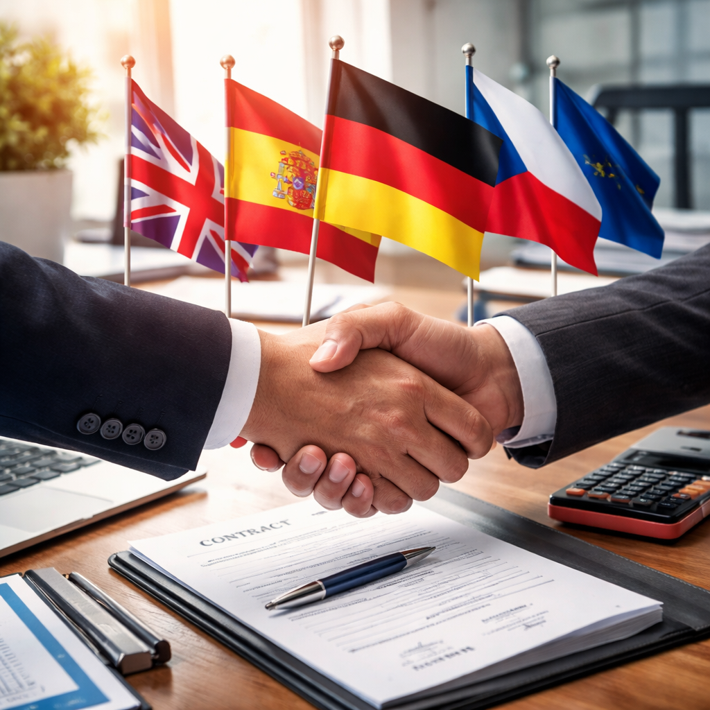 Obchodní handshake symbolizující spolupráci se zahraničními partnery a rostoucí poptávku po jazykových kurzech angličtiny, němčiny, španělštiny a češtiny pro cizince.