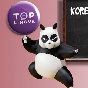 Kreslená panda ve stylu kung-fu drží v ruce logo TOPLINGVA s tabulí v pozadí.