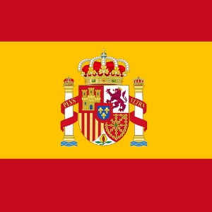 Španělská vlajka s červenými a žlutými pruhy a detailem státního erbu uprostřed.