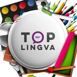 Logo TOPLINGVA na bílém kruhovém pozadí, obklopené školními potřebami, jako jsou barvy, tužky, pravítko, fotbalový míč a školní taška.