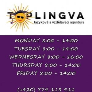 Tabulka s logem TOPLINGVA, uvádějící změnu provozní doby kanceláře.