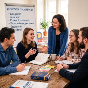 Malá skupina studentů se usmívá a konverzuje na kurzu italštiny s lektorkou u dřevěného stolu.
