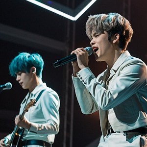 Vystupující skupina K-pop zpěváků v barevných kostýmech během živého představení.